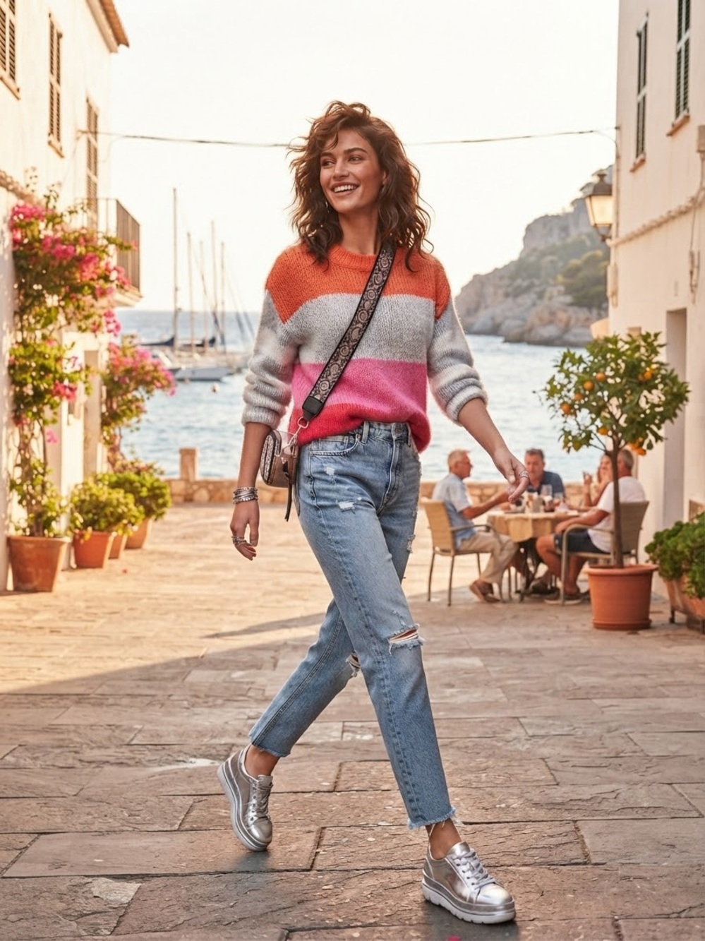 GAP Colorblock Crewneck Sweater — Coral, Hot Pink & Gray